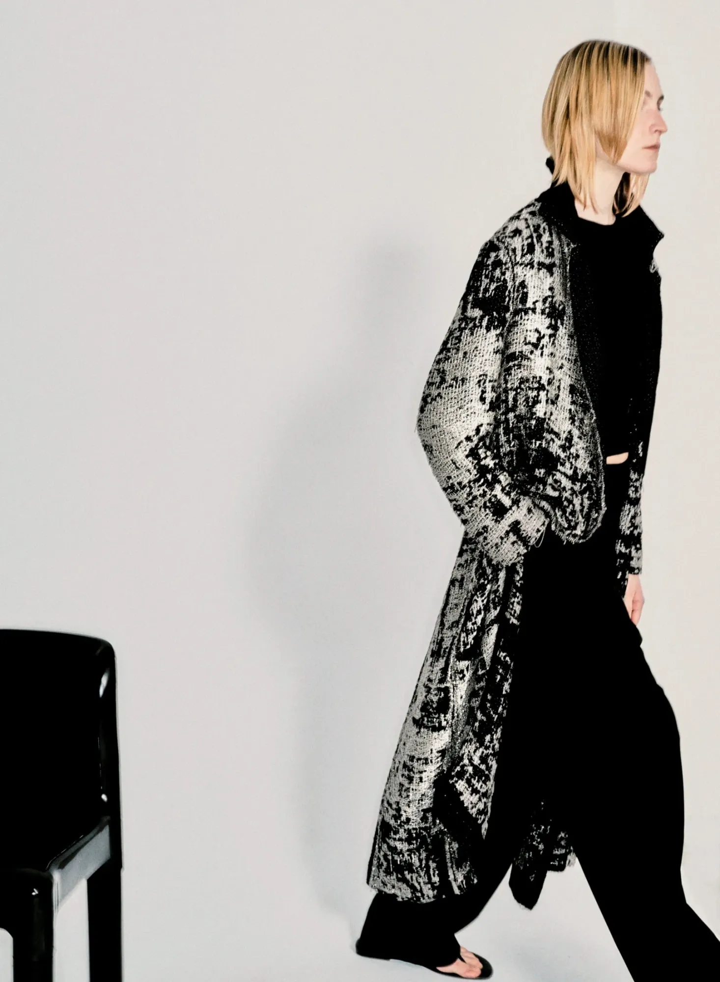 Haus Nuller Collection N1 Coat 08 look with experimental woven garment.